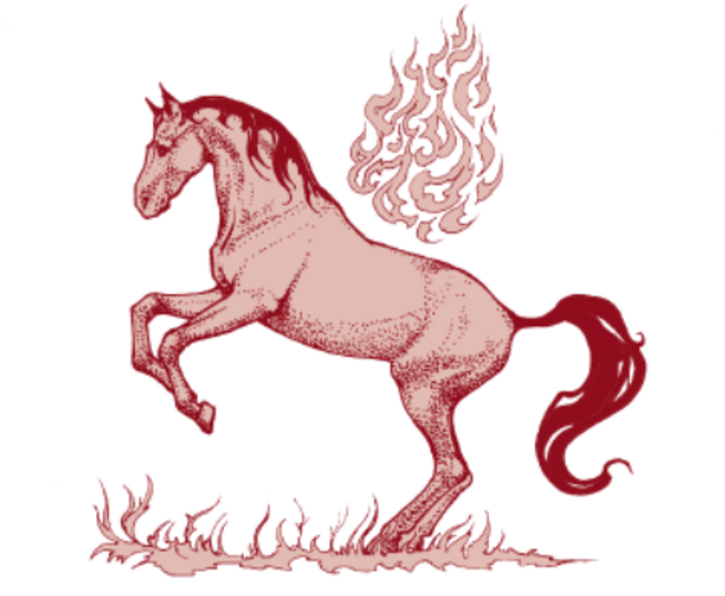Hochsteigendes Pferd, über dem Rücken sind Flammen